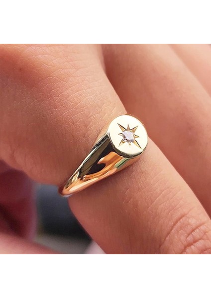 Gümüş Yüzük - Swarovski Taşlı Şimal Yıldızı Yuvarlak Mühür 925 Ayar Yüzük-Yıldız Hediyelik Yüzük