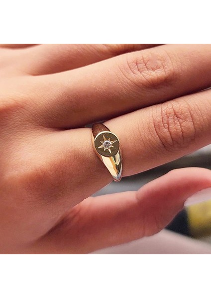 Gümüş Yüzük - Swarovski Taşlı Şimal Yıldızı Yuvarlak Mühür 925 Ayar Yüzük-Yıldız Hediyelik Yüzük modelleri