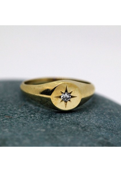 Gümüş Yüzük - Swarovski Taşlı Şimal Yıldızı Yuvarlak Mühür 925 Ayar Yüzük-Yıldız Hediyelik Yüzük indirimleri