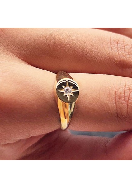 Gümüş Yüzük - Swarovski Taşlı Şimal Yıldızı Yuvarlak Mühür 925 Ayar Yüzük-Yıldız Hediyelik Yüzük