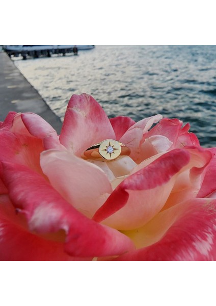 Gümüş Yüzük - Swarovski Taşlı Şimal Yıldızı Yuvarlak Mühür 925 Ayar Yüzük-Yıldız Hediyelik Yüzük