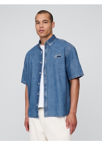 Erkek Denim Mavi Gap Logo Denim Big Gömlek