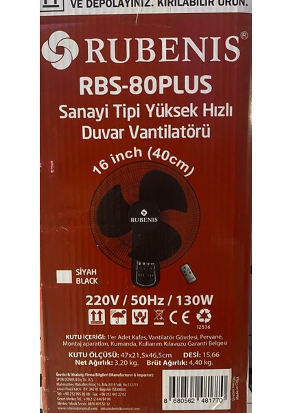 Rbsr-80 Plus Kumandalı Duvar Vantilatörü Siyah