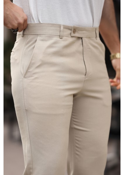 Erkek Krem Italyan Kesim Slim Fit Kaliteli Esnek Likralı Bilek Boy Kumaş Pantolon