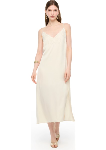 V-Yaka Fermuarlı Diz Altı Rayon Elbise