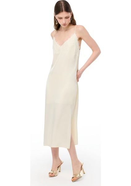 V-Yaka Fermuarlı Diz Altı Rayon Elbise fiyatları