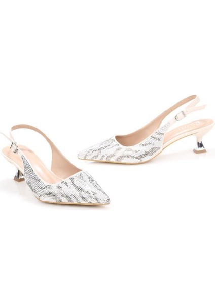 PS-32370 Kadın 4 cm Arkası Açık Taşlı Abiye Stiletto Ayakkabı