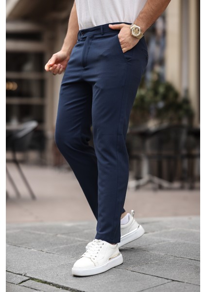 Erkek Lacivert Italyan Kesim Slim Fit Kaliteli Esnek Likralı Bilek Boy Kumaş Pantolon