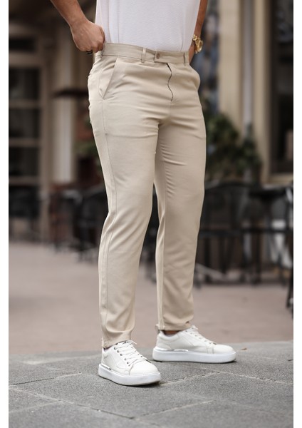 Erkek Krem Italyan Kesim Slim Fit Kaliteli Esnek Likralı Bilek Boy Kumaş Pantolon modelleri