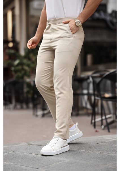 Erkek Krem Italyan Kesim Slim Fit Kaliteli Esnek Likralı Bilek Boy Kumaş Pantolon indirimleri