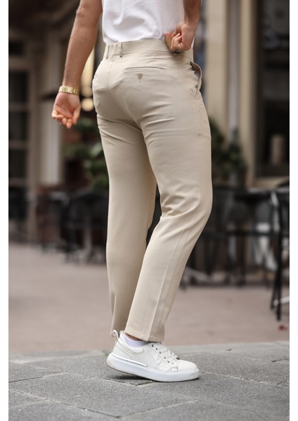 Erkek Krem Italyan Kesim Slim Fit Kaliteli Esnek Likralı Bilek Boy Kumaş Pantolon