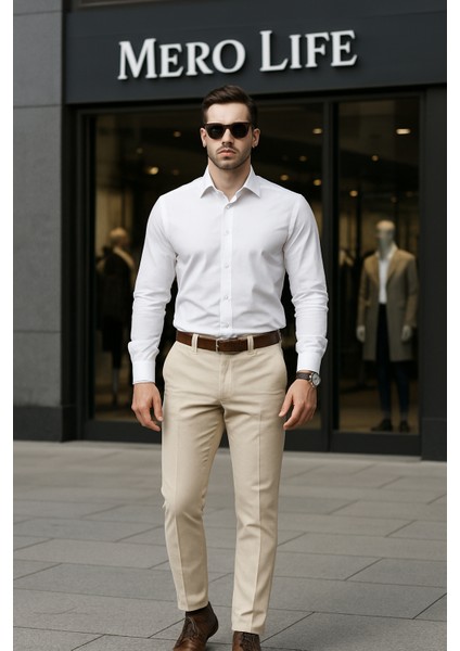 Erkek Krem Italyan Kesim Slim Fit Kaliteli Esnek Likralı Bilek Boy Kumaş Pantolon