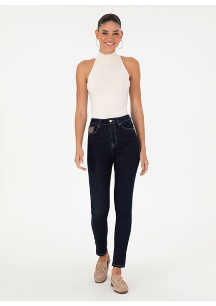Koyu Indigo Kadın Skinny Fit Düz Denim Pantolon Lıan