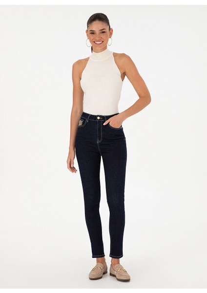 Koyu Indigo Kadın Skinny Fit Düz Denim Pantolon Lıan modelleri