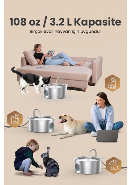 3.2 L Tekli Paslanmaz Çelik Kedi Köpek Için Otomatik Su Pınarı Su Çeşmesi Su Sebili Sessiz Pompalı