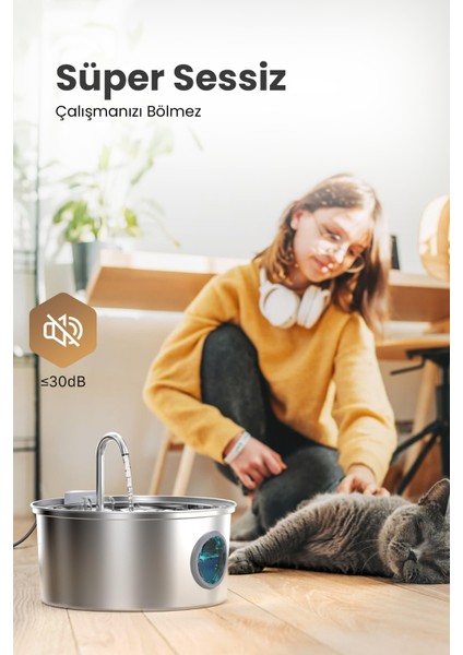 3.2 L Tekli Paslanmaz Çelik Kedi Köpek Için Otomatik Su Pınarı Su Çeşmesi Su Sebili Sessiz Pompalı