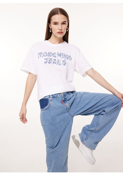 Bisiklet Yaka Baskılı Beyaz Kadın T-Shirt J0708