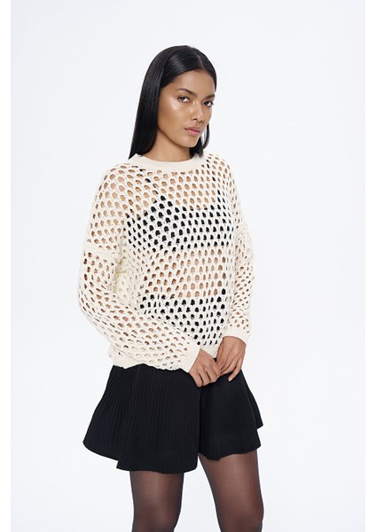 Ajur Detaylı Ince Triko Krem