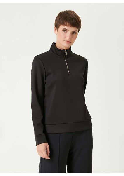Siyah Kadın Fermuarlı Basic Düz Sweatshirt 1093065