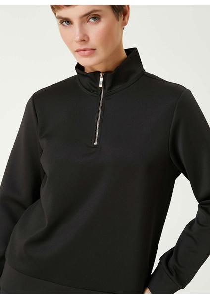 Siyah Kadın Fermuarlı Basic Düz Sweatshirt 1093065
