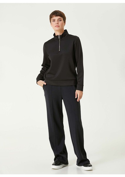 Siyah Kadın Fermuarlı Basic Düz Sweatshirt 1093065