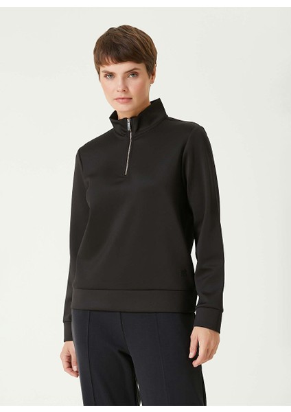 Siyah Kadın Fermuarlı Basic Düz Sweatshirt 1093065