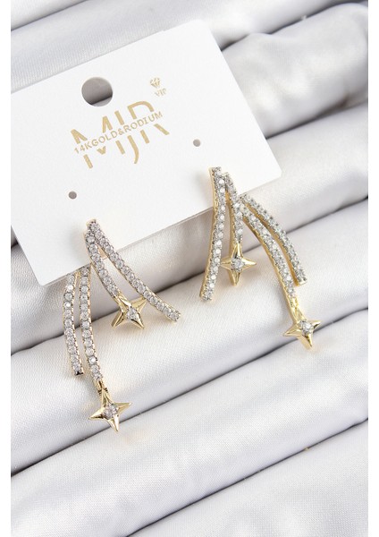 Pirinç Zirkon Taşlı Kayan Yıldız Model Gold ve Gümüş Renk Kadın Küpe