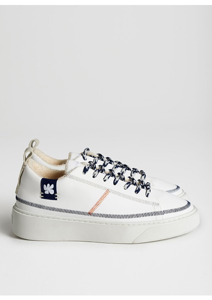 Beyaz-Mavi Kadın Deri Sneaker Apt