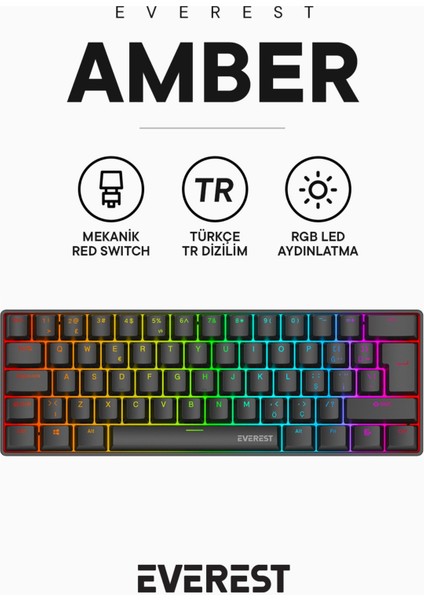 Amber Type-C Bağlantılı Rgb Ledli Mekanik Gaming Oyuncu Klavye Q Red Switch