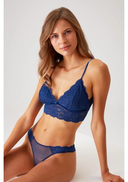 4842 Ince Askılı Dantelli Bralet Sütyen Külot Takım-Lacivert