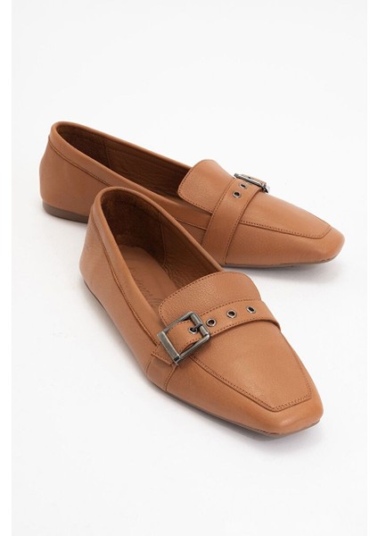 Perıwınkle Taba Cilt Hakiki Deri Kemerli Kadın Loafer Ayakkabı
