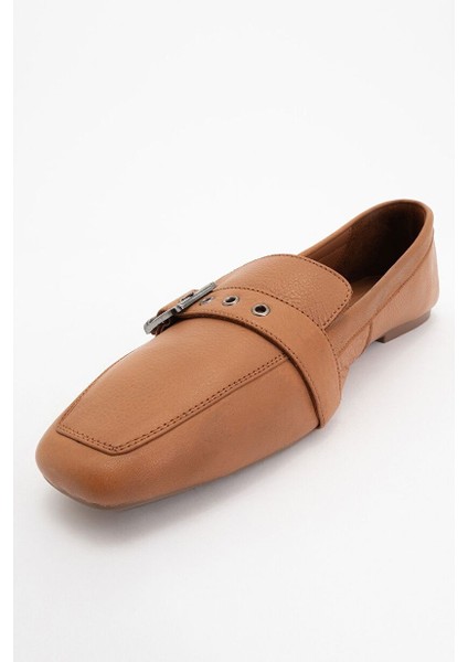 Perıwınkle Taba Cilt Hakiki Deri Kemerli Kadın Loafer Ayakkabı
