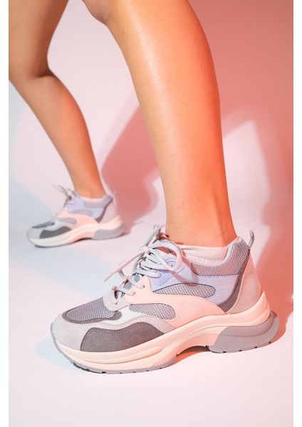 Crown Buz Pudra Multi Bağcıklı Kadın Kalın Taban Spor Sneakers