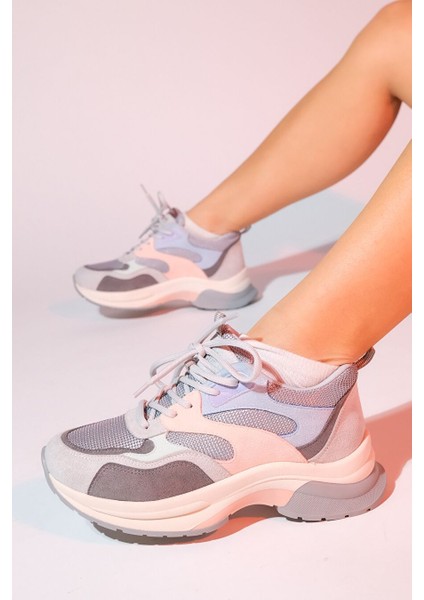 Crown Buz Pudra Multi Bağcıklı Kadın Kalın Taban Spor Sneakers