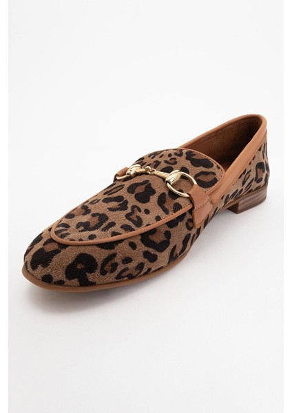 Trexıe Siyah Taba Desenli Hakiki Deri Tokalı Kadın Loafer Ayakkabı