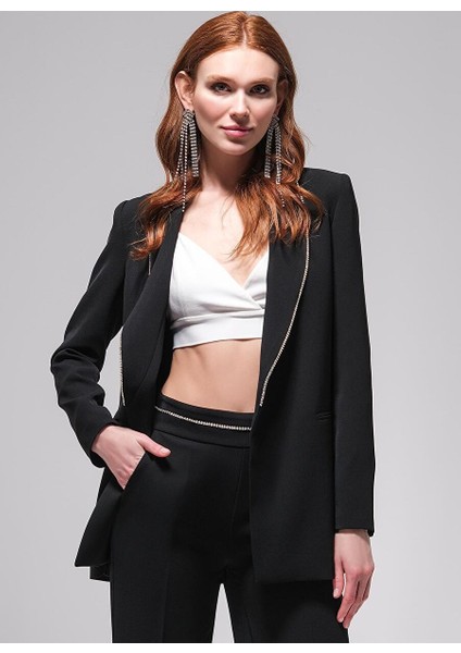Renk Bloklu Parlak Taşlı Blazer Ceket