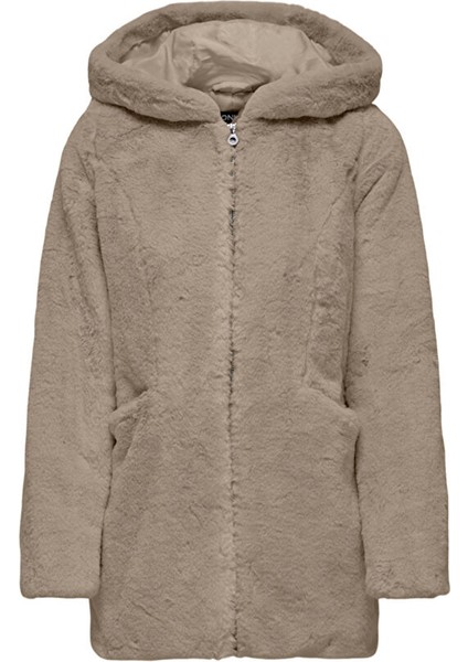 Açık Kahve Kadın Kapüşonlu Suni Kürk Kaban Onlnewmalou Faux Fur Coat cc Otw