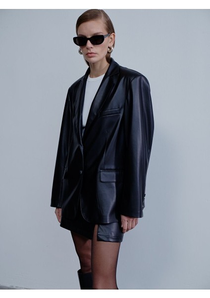 Boxy Deri Blazer Siyah