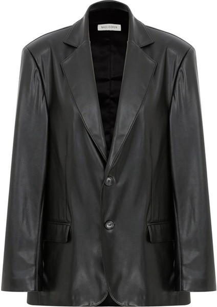 Boxy Deri Blazer Siyah