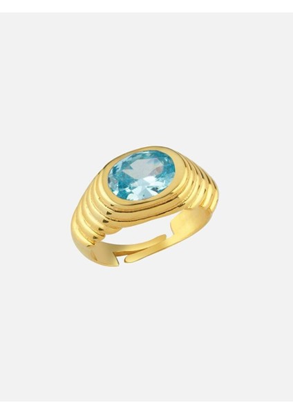 Lyra Oval Kristal Taşlı Şövalye Serçe Parmak Yüzük Mavi