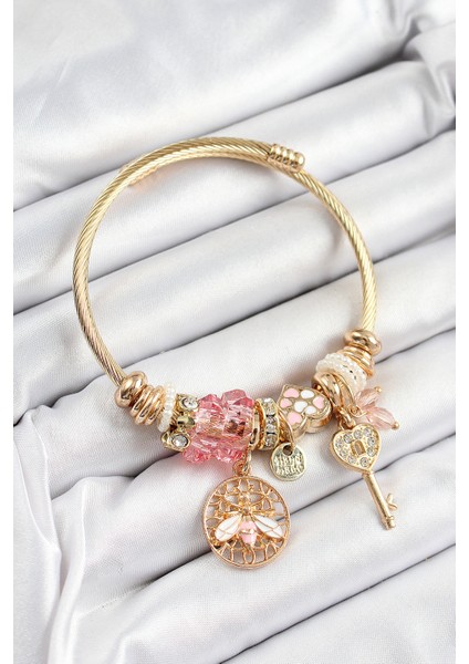 316L Çelik Pembe Zirkon Taşlı Baykuş Arı ve Anahtar Model Gold Renk Charm Bileklik