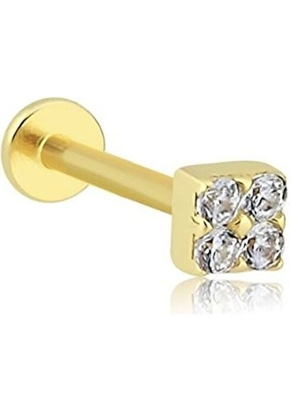 Kare Model Dört Taşlı 14 Ayar Altın Tragus Piercing