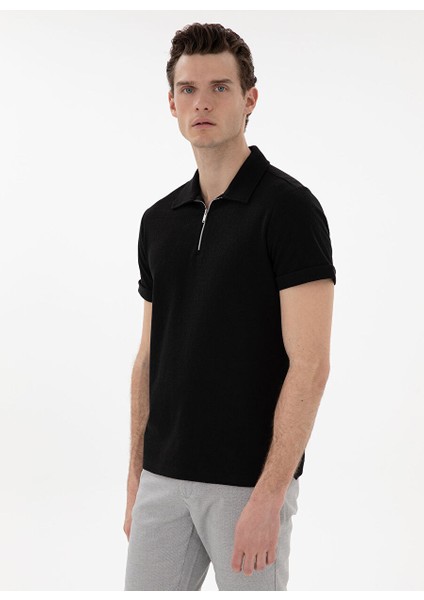 Siyah Erkek Slim Fit Polo T-Shirt Tıssel