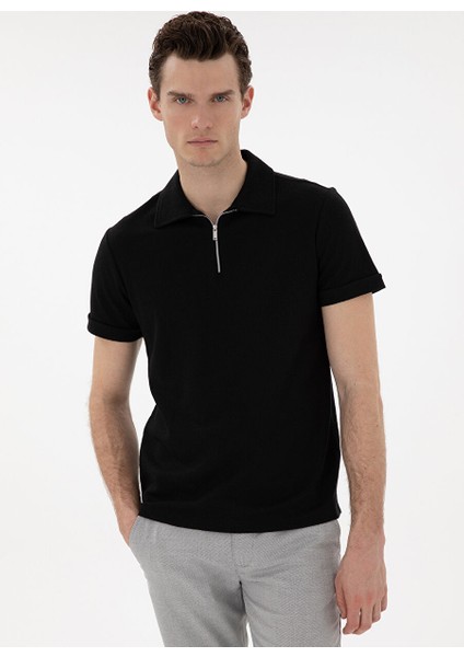 Siyah Erkek Slim Fit Polo T-Shirt Tıssel modelleri