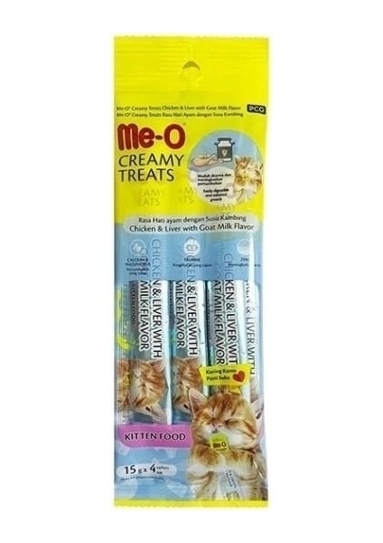 Me-O Creamy Tavuklu Ciğerli ve Keçi Sütlü Sıvı Yavru Kedi Ödül Maması 4X15 gr