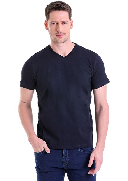 Lacivert Regular Fit Düz 100% Pamuklu V Yaka Tişört