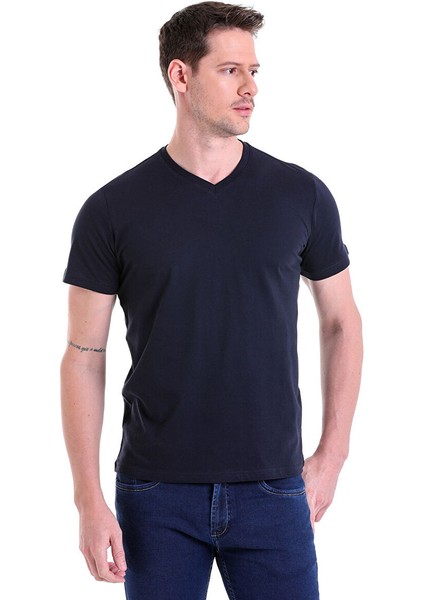 Lacivert Regular Fit Düz 100% Pamuklu V Yaka Tişört