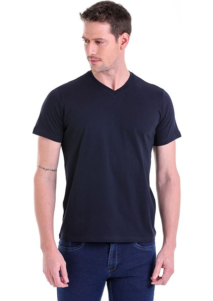 Lacivert Regular Fit Düz 100% Pamuklu V Yaka Tişört