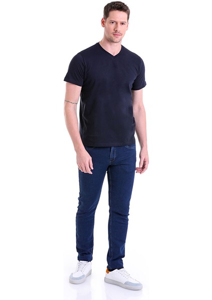 Lacivert Regular Fit Düz 100% Pamuklu V Yaka Tişört