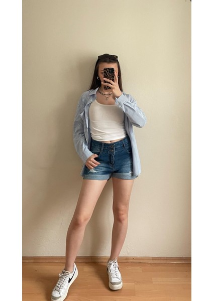 2060 Kadın Lazerli Duble Paça Jeans Denim Kot Şort